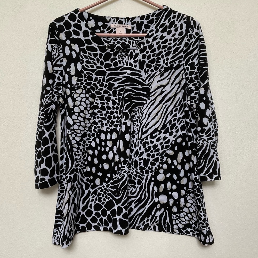 Allison Daley Black, White Mixed Animal Print 3/4 Sleeve Top Size Medium